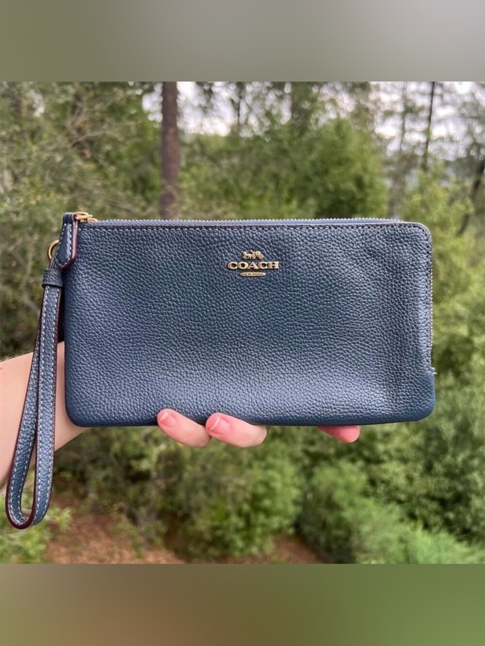 COACH Double Zip Wristlet Wallet & Phone Case Blue Pebbled Leather Gold Hardware
